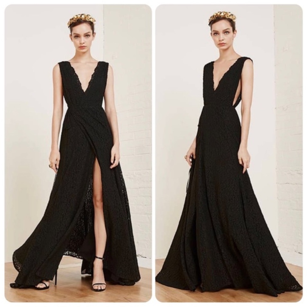 REFORMATION FRANCESCA BLACK LACE SLEEVELESS V-NECK SHEER BACK WRAP MAXI DRESS - Picture 10 of 11